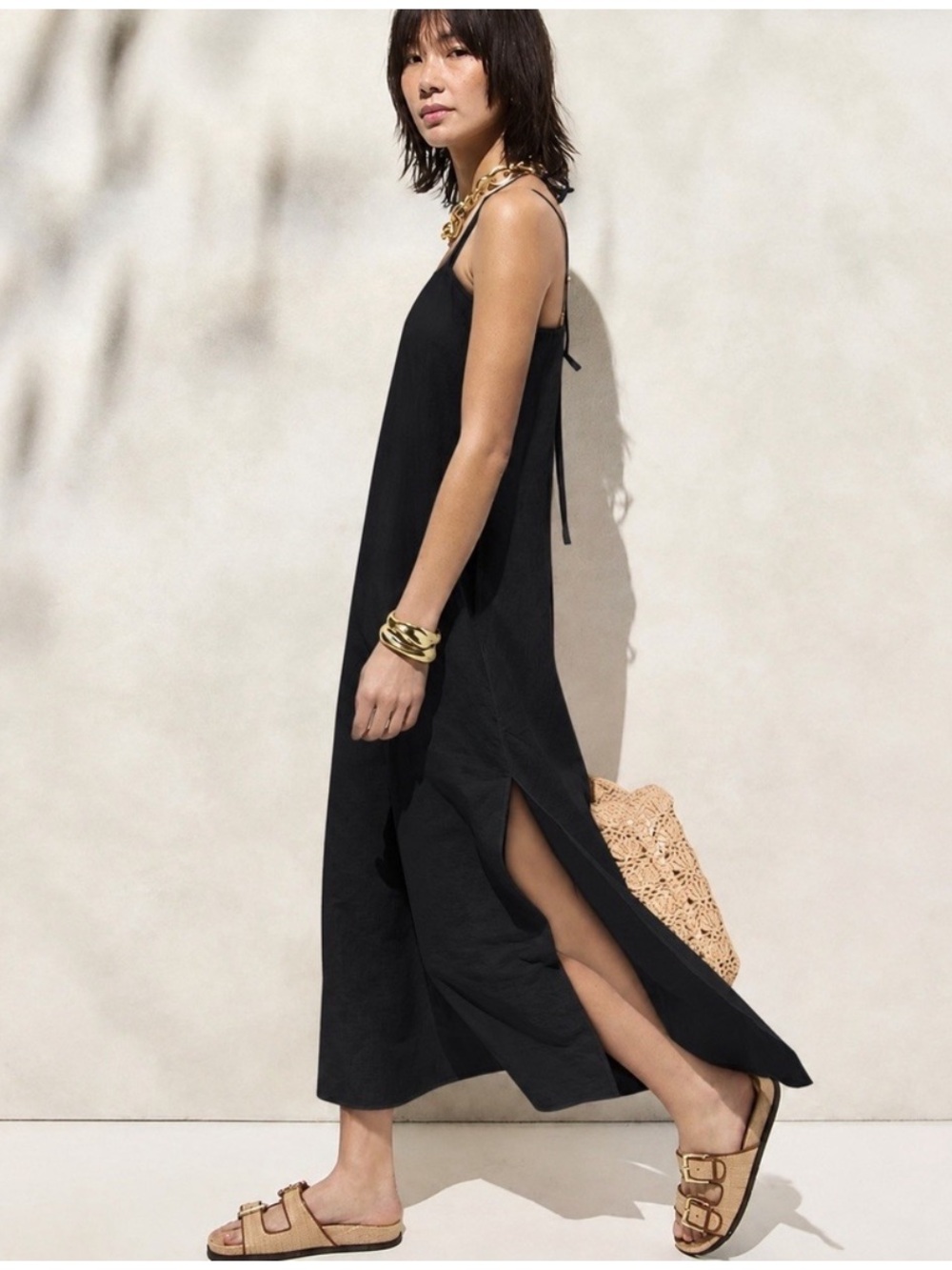 J. Crew Linen Blend Black Sleeveless Maxi Dress with Side Slit. Size S